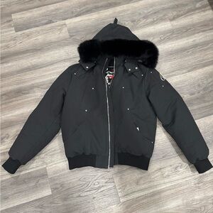 Moose Knuckles Black Bomber Jacket with Fur-Trim Hood